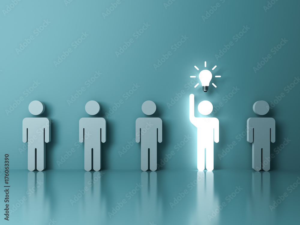 Poster stand out from the crowd and different concept , one glowing light man raising his hand got an idea 