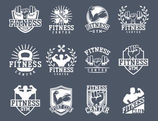 Fototapeta premium Monochrome fitness emblem design element gym sport club strong equipment silhouette vector illustration.