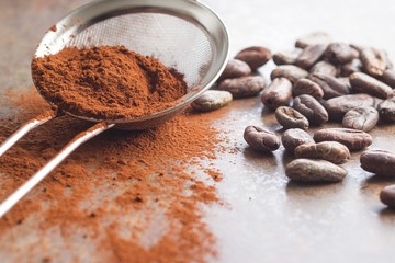Dark cocoa powder in a sieve and cocoa beans.