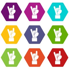 Fototapeta premium Rock and Roll hand sign icon set color hexahedron
