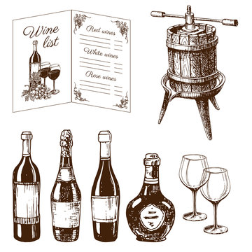 Vintage winery wine production handmade draft winemaking sketch fermentation grape drink vector illustration