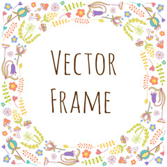 Colorful vector hand drawn set cartoon doodle plants and flowers. Round frame composition.