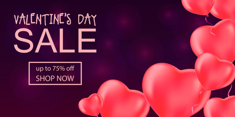 Valentine's day sale banner with heart balloons.