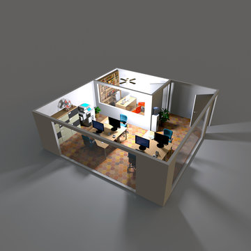 3d interior rendering of illuminated furnished office