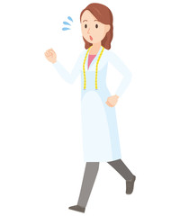 Illustration in which a female nutritionist is running in a hurry - whole body