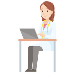 Illustration of a female nutritionist operating a laptop computer - whole body