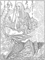 Hand drawn mermaid with long  hair in underwater world. Stock li