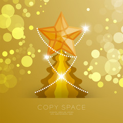 Golden Star with pattern and Christmas tree with bokeh light set illustration isolated on gold gradient background, with copy space