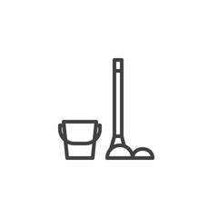 Bucket and broom line icon, outline vector sign, linear style pictogram isolated on white. House cleaning symbol, logo illustration. Editable stroke