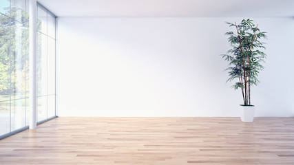 Modern bright living room, white wall. 3D rendering illustration