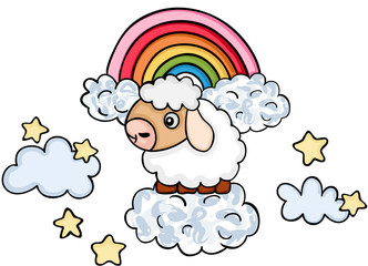Cute sheep on sky with clouds and rainbow