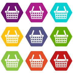 Shopping basket icon set color hexahedron