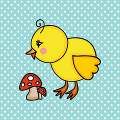 Little chick with mushroom on blue background

