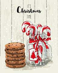 Christmas theme, candy canes in glass jar with red ribbon and stack of cookies, illustration