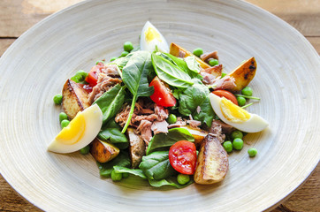 Tuna salad with lettuce, eggs and tomatoes.