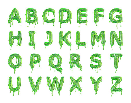 Green dripping slime halloween alphabet letters. 3D Rendering