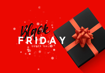Black Friday sale, banner, poster advert. Card offert promotion design. Background lights bokeh and black gift box with red bow.
