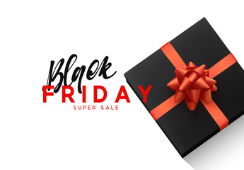 Black Friday sale, banner, poster advert. Card offert promotion design. Background black gift box with red bow.