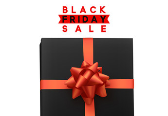 Black Friday sale, banner, poster advert. Card offert promotion design. Background black gift box with red bow.