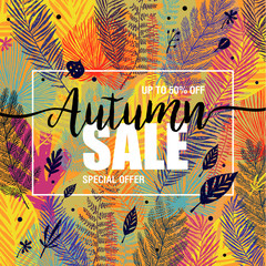 Poster autumn sales on a floral multicolor trendy background. Card, label, banner design element. Vector illustration