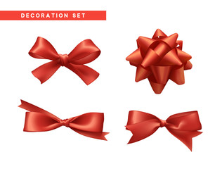 Bows red realistic design. Isolated gift bows with ribbons.