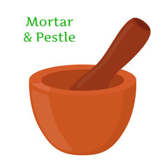 Mortar, pestle. Medicine pottery, pharmacy tool. Cartoon flat style. Vector