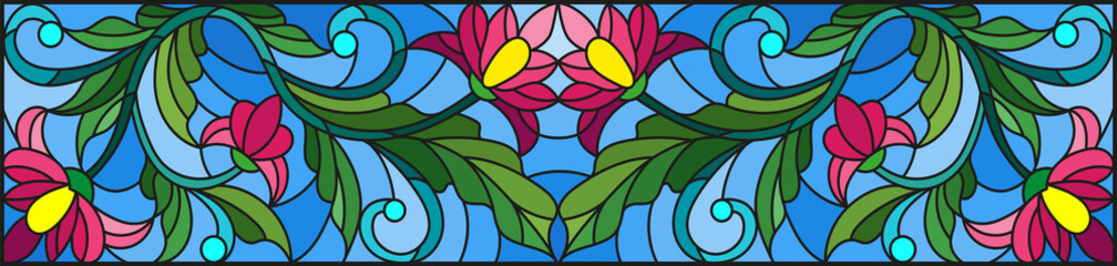 Illustration in stained glass style with abstract pink flowers on a blue background