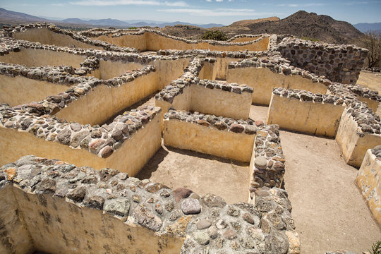 a labyrinthine structure forming an intricate complex of passageways and many rooms at the ruins of Yagul Oaxaca Mexico