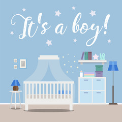 It's a Boy! Baby shower invitation, nursery interior, flat style vector illustration template