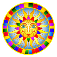 Naklejki  Illustration in the style of a stained glass window with abstract sun in bright frame,round image