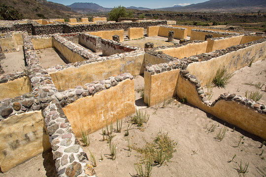 a labyrinthine structure forming an intricate complex of passageways and many rooms at the ruins of Yagul Oaxaca Mexico