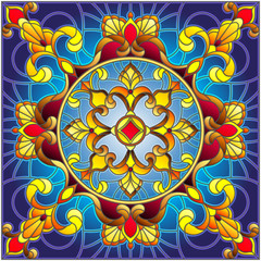 Illustration in stained glass style, square mirror image with floral ornaments and swirls,square image
