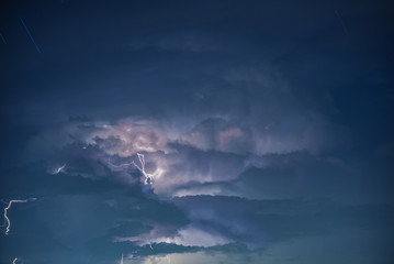 Fototapeta na wymiar Lightning in storm cloud, Star on the sky