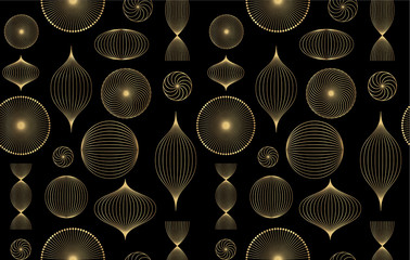 Christmas pattern. Seamless geometric pattern from abstract rounded shapes. Golden figures on a black background
