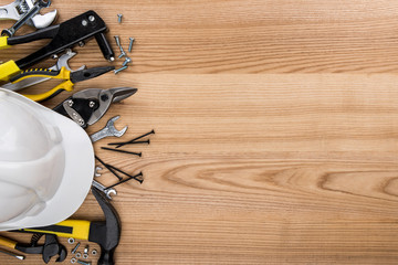 various reparement tools and hardhat