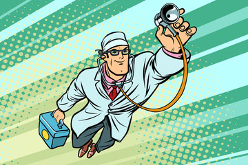 Doctor physician with stethoscope flying superhero © rogistok
