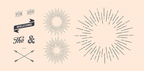 Fototapeta Set of light rays, sunburst and rays of sun. Design elements, linear drawing, vintage hipster style. Light rays sunburst, arrow, ribbon, and, for, the and ampersand. Vector Illustration obraz