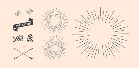 Deurstickers Set of light rays, sunburst and rays of sun. Design elements, linear drawing, vintage hipster style. Light rays sunburst, arrow, ribbon, and, for, the and ampersand. Vector Illustration © foxysgraphic