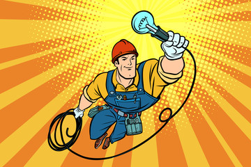 worker electrician light bulb flying superhero