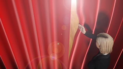 woman looking through theatre curtains on stage