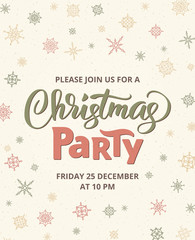 Christmas party poster template, vector illustration. Hand written lettering, typography. Background with falling snowflakes