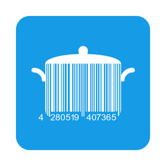 Icono plano codigo de barras cazuela en cuadrado azul