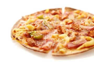 pizza , chicken green pepper pineapple isolated in white background