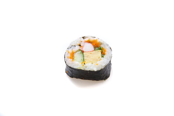 Futomaki sushi , Japanese roll rice egg avocado cucumber and caviar isolated in white background