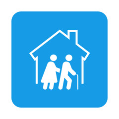 Icono plano residencia ancianos en cuadrado azul