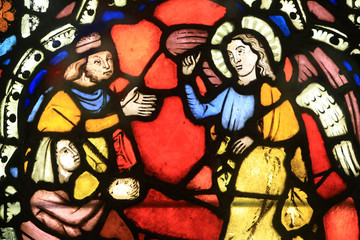 L'annonce de la naissance d'Isaac. Gothic stained glass window. Musée de l'Oeuvre Notre-Dame de Strasbourg. Oeuvre Notre-Dame de Strasbourg Museum. The announcement of the birth of Isaac.