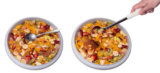 Two basins of healthy fruit salad. Juicy colorful refreshments with spoon and ladle isolated on white background.