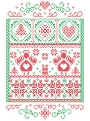 Elegant Christmas Scandinavian, Nordic style winter stitching, pattern including  Angel, snowflakes, heart, gift, star, Christmas tree, snow and decorative ornaments in green, red in rectangle frame
