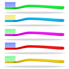 Set of multicolored toothbrushes. White background . Isolated objects. Vector image
