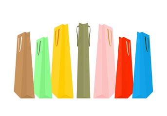 Set of colorful shopping bags in a row on a white background